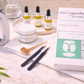 Kit de soin visage au collagène EstheCare Pro avec masque, sérums, rouleau facial et accessoires sur fond spa